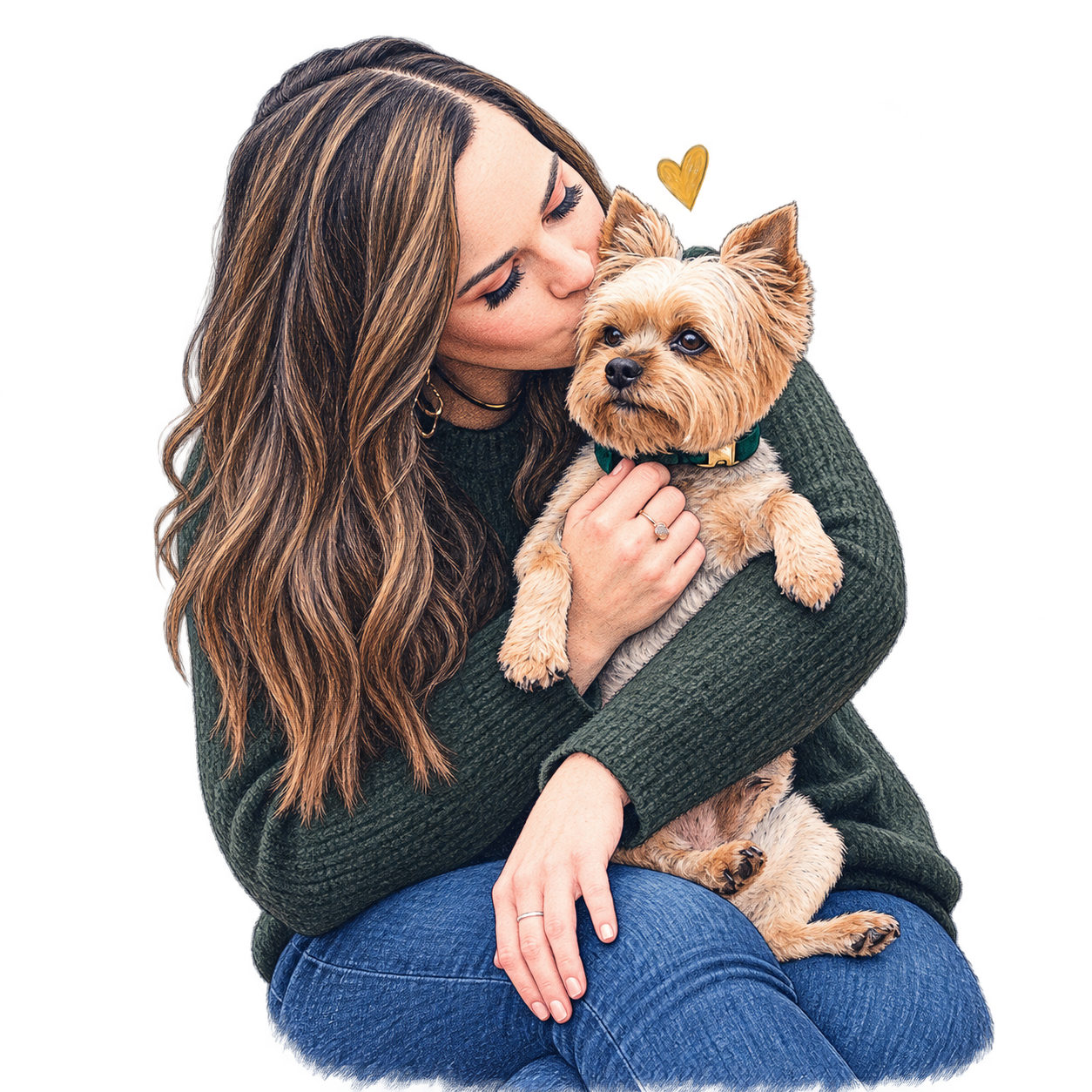 Me holding Bentley, my little Yorkie, and kissing his head. A softly colored ink illustration with a yellow heart.