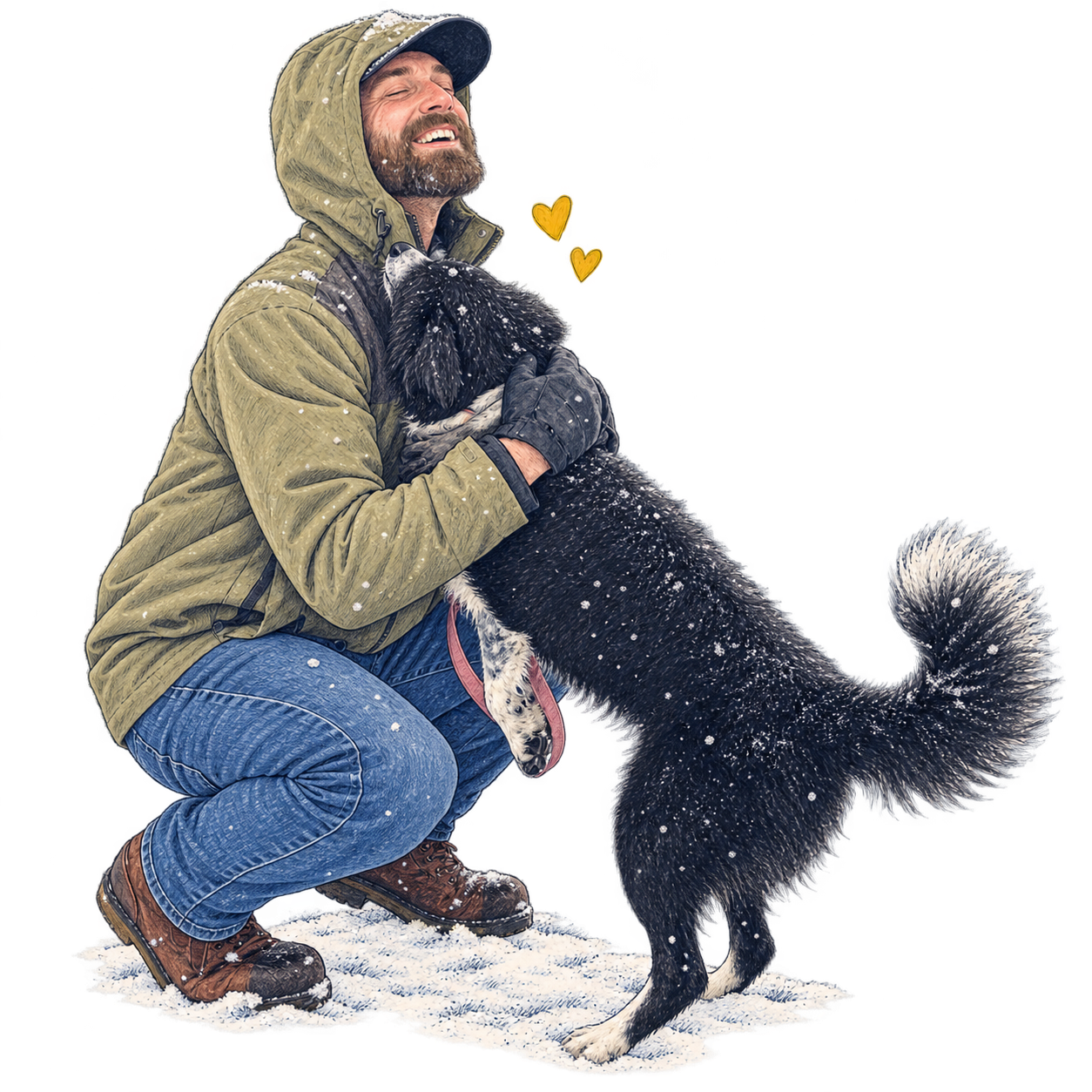 My husband laughing in the snow as June leans into his arms.