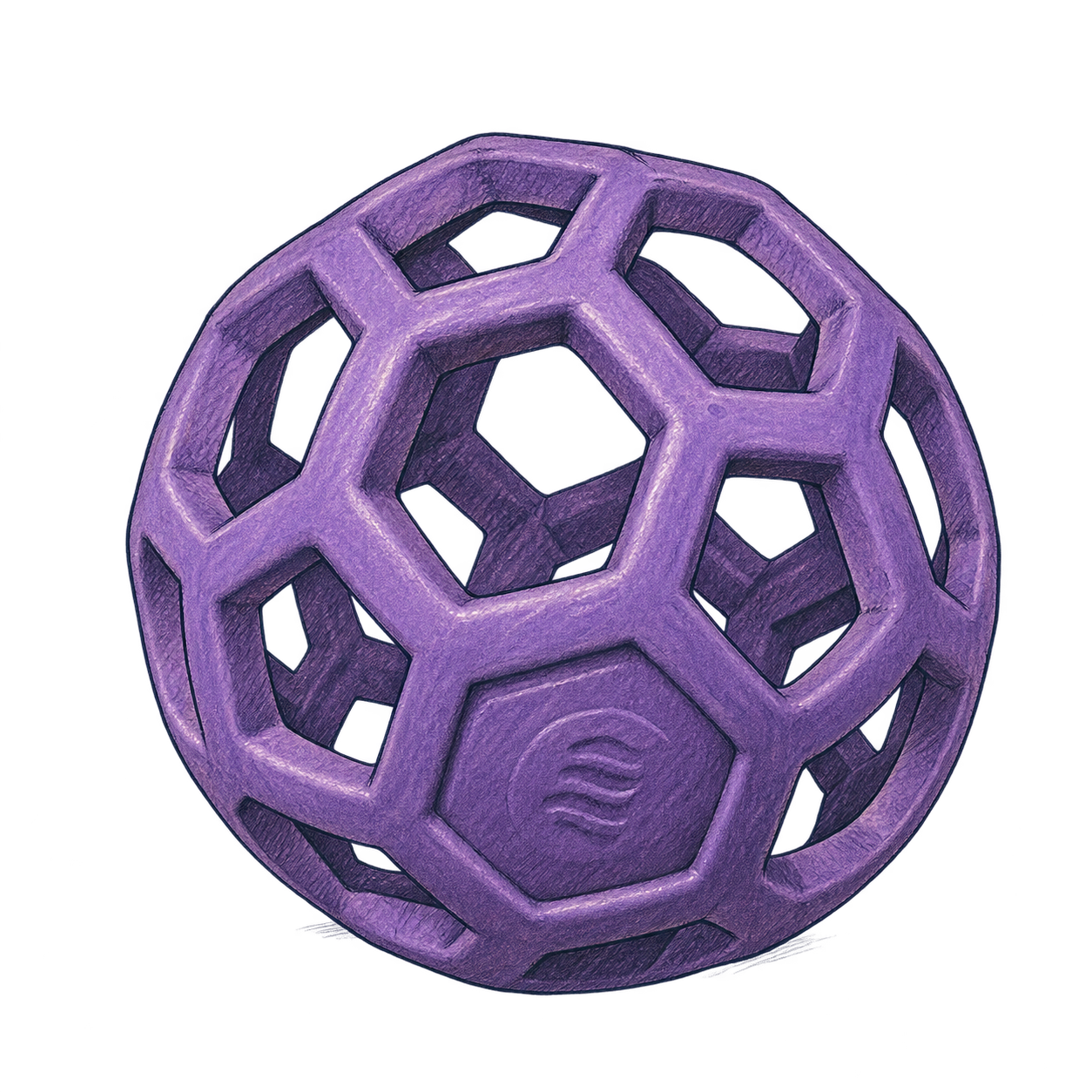 June’s purple hollow rubber lattice ball, drawn in soft purple pencil and blue ink.