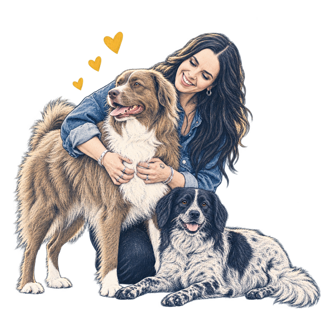 Me smiling and hugging Ivy, my brown-and-white dog, with Mae, my black-and-white dog, lying beside us. A blue-ink illustration with three little yellow hearts.