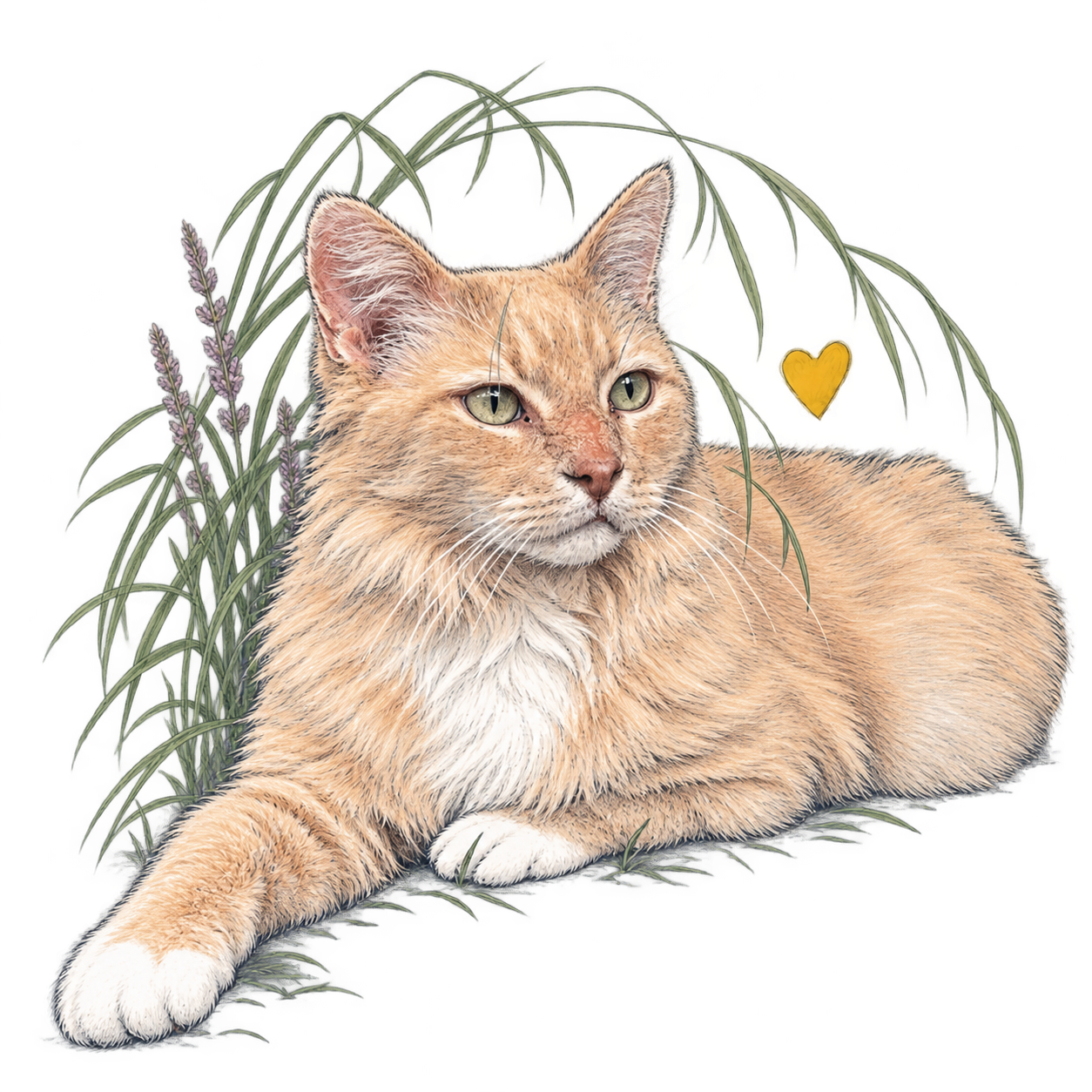 Robert Redford relaxing beneath delicate garden foliage, one white paw stretched out.