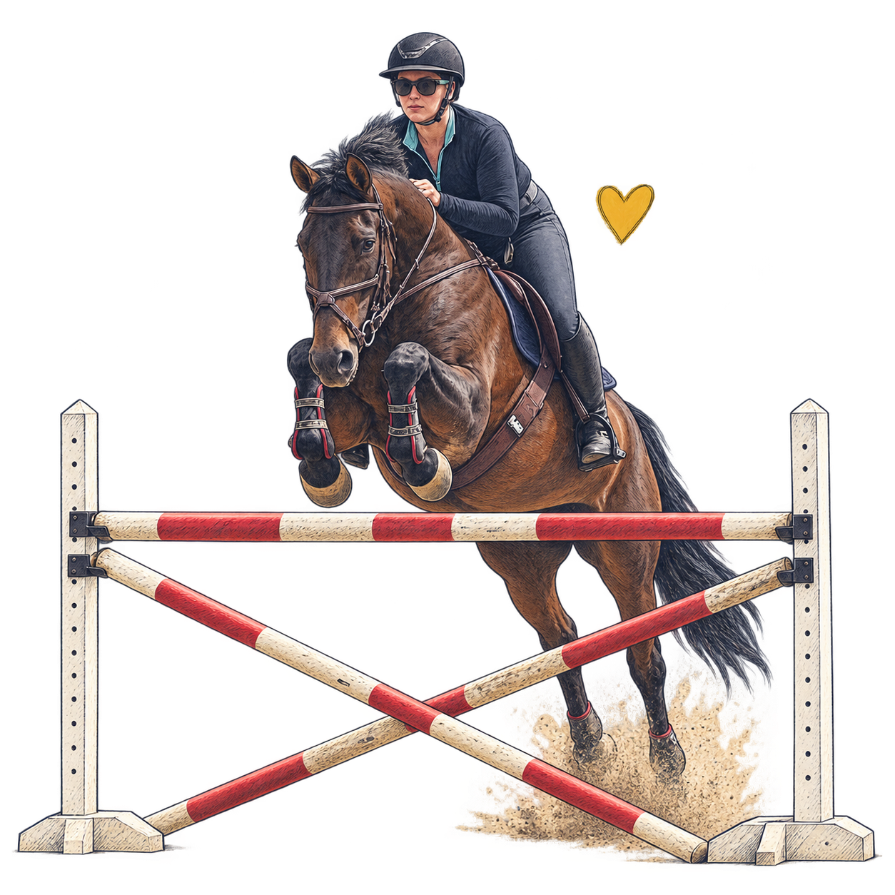 Soundtrack and a rider jumping over red-and-cream rails.